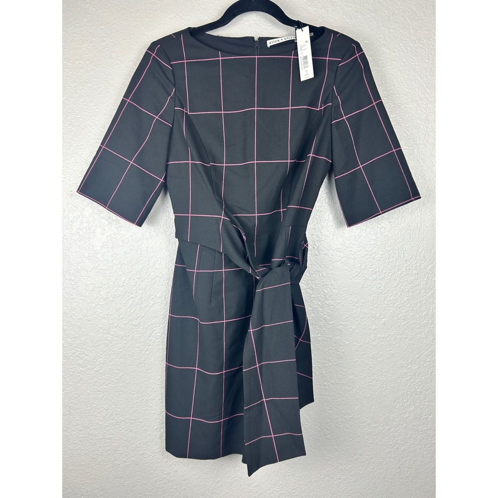 Alice + Olivia Black Pink Windowpane Tie Waist Virgil Mini Dress Size 2‎ NWT